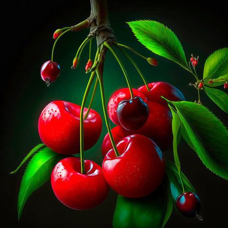 Cherries on a branch with leaves and berries on a dark backgroundの写真素材