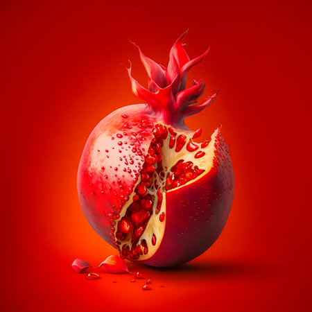 Illustration with pomegranate isolated on red background.の写真素材