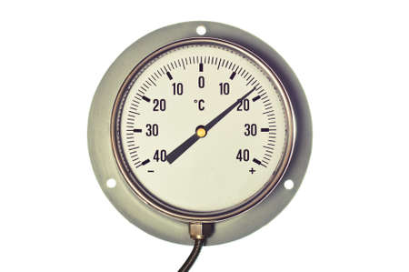 Silver and white, round,  industrial celsius thermometer isolated on a white backgroundの写真素材