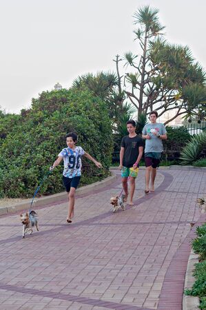 DURBAN, SOUTH AFRICA - JULY 11, 2016: Young boys walking their small dogs along the promenade at Umhlanga Rocks beachのeditorial素材