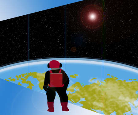 3D illustration of a spaceman looking at earth like planet from an extraterrestrial ship