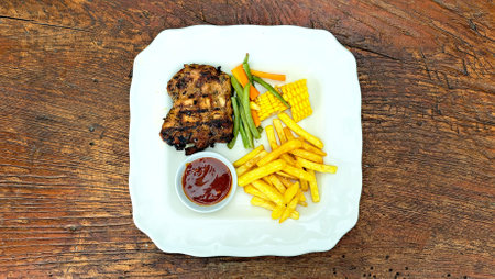 Grilled Nusantara Chicken Steak with barbeque sauce and fried fries on a white plate on wood tableの写真素材