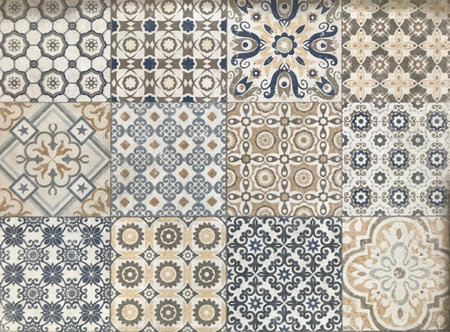 Patterned tiles in abstract decorative floral pattern and batik pattern, colonial modern heritage tiles. Geometric, ornamental, and floral pattern textured tiles.の写真素材
