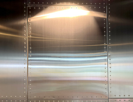 Stainless steel sheet, screwed with lights on top, reflection of stainless metal sheet.の写真素材