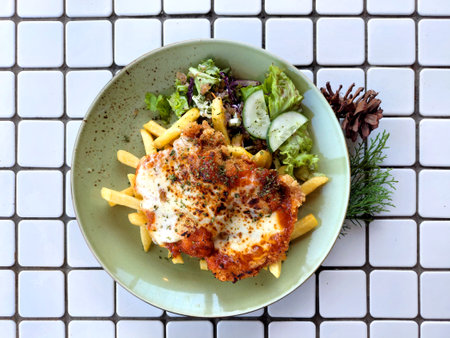 Chicken Parmigiana set of plate with French fries, Caesar salad side dish, and sliced cucumber, accompanied with barbeque sauce a green plate. Served on a white mozaic tiles table.の写真素材