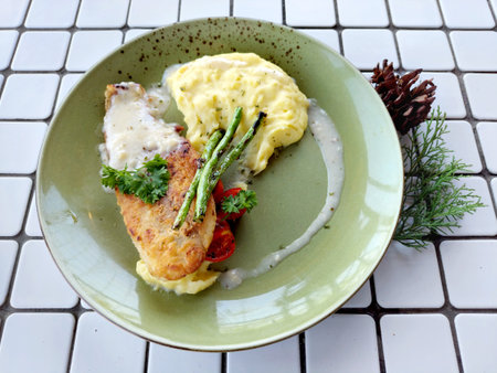 Stir fried dory fish with seasoned mashed potato, accompanied with sliced baby tomatoes and long beans for the side dish. Served on a white mozaic tiles table.の写真素材
