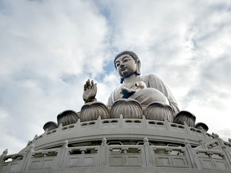 The famous giant Buddha, or Tian Tian Buddha, at Ngong Ping, Hong Kongの写真素材
