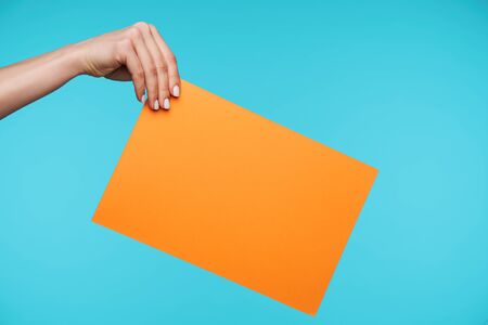 Young secretary with white manicure keeping her hand raised while holding orange envelope with important documents while standing over blue backgroundの写真素材