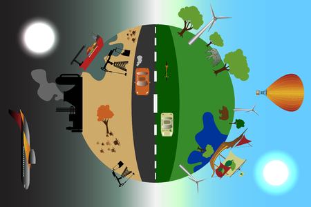 Environmental pollution illustration, comparative concept with clean and dirty earth, alternative energy source vector illustrationのイラスト素材