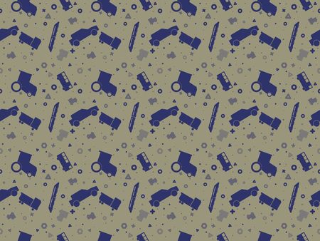 Seamless pattern with set of colored vector cars, tractors and trains on colored backgroundのイラスト素材