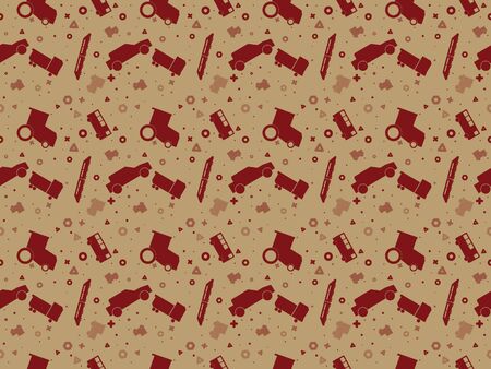 Seamless pattern with set of colored vector cars, tractors and trains on colored backgroundのイラスト素材