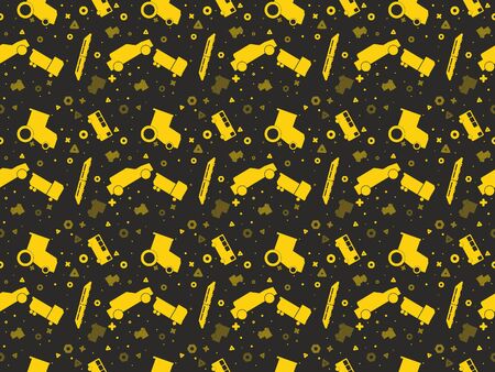 Seamless pattern with set of colored vector cars, tractors and trains on colored backgroundのイラスト素材