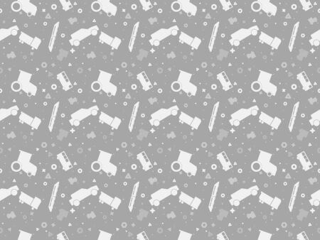 Seamless pattern with set of colored vector cars, tractors and trains on colored backgroundのイラスト素材