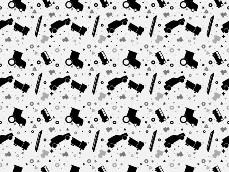 Seamless pattern with set of colored vector cars, tractors and trains on colored backgroundのイラスト素材