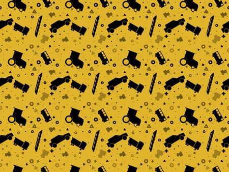 Seamless pattern with set of colored vector cars, tractors and trains on colored backgroundのイラスト素材