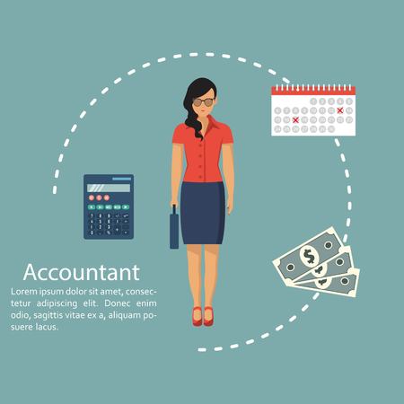 Businesswoman accountant. Concept of calculation and accounting. Vector illustration in flat design. Woman working with reports, finances, statistical, calculation, analysis, income, calculation of profit.のイラスト素材