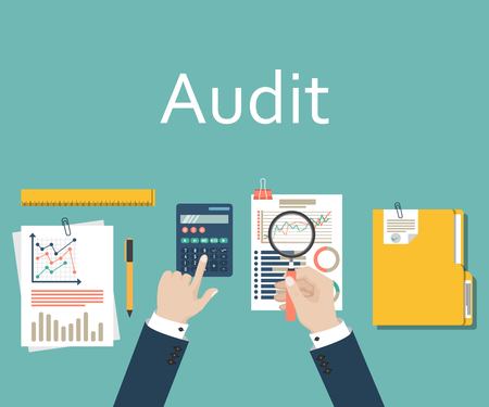 Auditing concept vector illustration. Tax process. Business background. Flat design of analysis, data, accounting, planning, management, research, calculation, reporting, project management.のイラスト素材