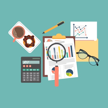 Auditing concept vector illustration. Tax process. Business background. Flat design of analysis, data, accounting, planning, management, research, calculation, reporting, project management.のイラスト素材