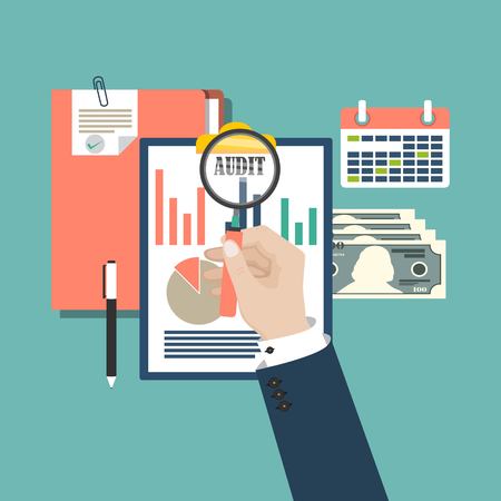 Auditing concept vector illustration. Tax process. Business background. Flat design of analysis, data, accounting, planning, management, research, calculation, reporting, project management.のイラスト素材
