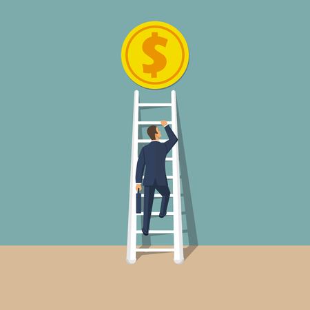 Businessman climbs up ladder. Way to succes. Vector illustration in flat style. Abstract finance background. Up stairsのイラスト素材