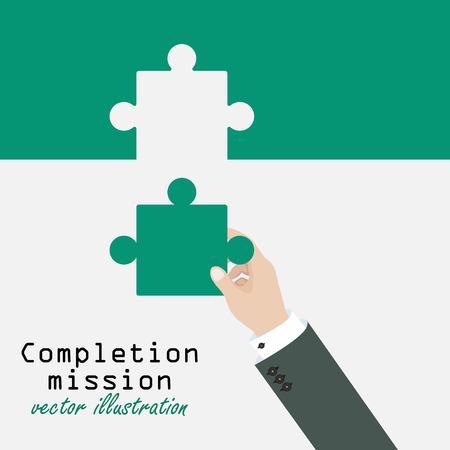 Completion mission concept. Businessman putting last puzzle in jigsaw. Successful implementation of plan. Vector illustration in flat design.のイラスト素材