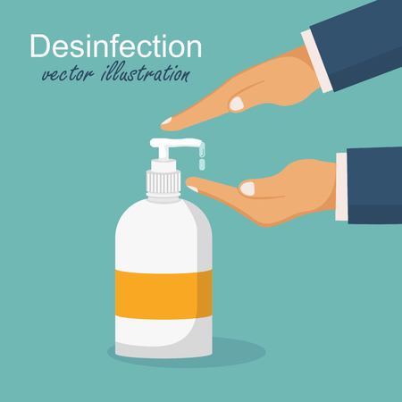 Desinfection concept. Man washing hands. Vector illustration in flat design. Applying a moisturizing sanitizer.