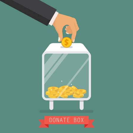 Donation box concept. Hand insert coin into donate box. Vector illustration in flat designのイラスト素材