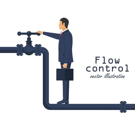 Flow control concept. Businessman opening the valve. Open close oil. Vector illustration in flat design.