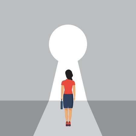Businesswoman stading in front of keyhole. Looking at open opportunities. Solution to problem. Female walking go to goals. Vector illustration in flat styleのイラスト素材