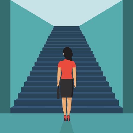 Businesswoman stading in front of stairs. Entrance concept. Creative ideea. Startup. Look into future. Business methaphor. Direction achive goal. Vector illustration in flat styleのイラスト素材