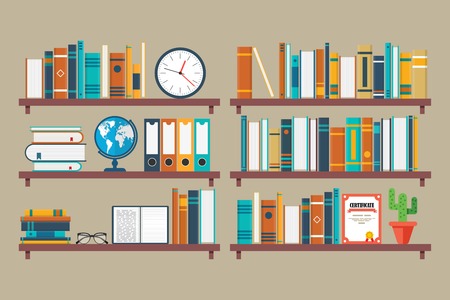 Bookshelf vector illustration in flat design. Books store design. Education concept.のイラスト素材
