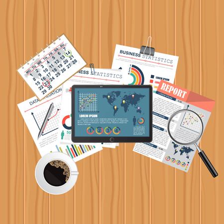 Auditing concept. Realistic design of accounting, research, calculating, management, financial analysis. Top view. Business background with desktop elements.のイラスト素材