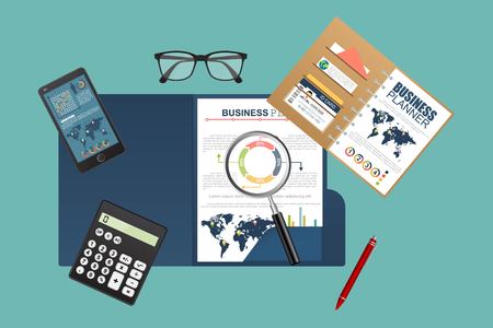 Auditing concept. Realistic design of accounting, research, calculating, management, financial analysis. Top view. Business background with desktop elements.のイラスト素材