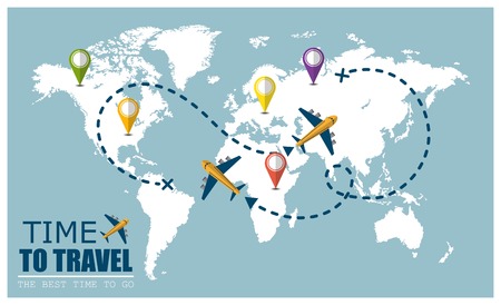 Flying airplane with dash path line. Time to travel Concept. Destination pins. Vector illustration in flat design.のイラスト素材