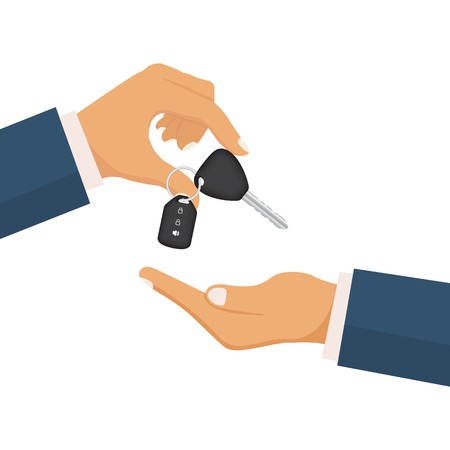 Give the car key concept. Take auto key. Rent, buy a hehicle. Vector illustration in flat design.のイラスト素材