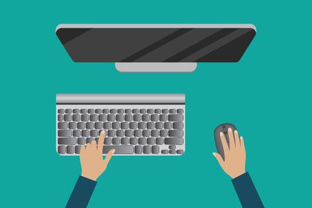 PC top view vector illustration. User hands. Modern computer with mouse and keyboard.のイラスト素材