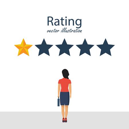 Five rating stars vector illustration. Feedback concept. Businesswoman looks gold star, to give five. Vector illustration in flat style.のイラスト素材