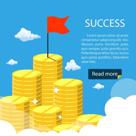 Big growth money stairs in sky with red flag. Success financial rich concept. Business concept. Vector illustration in flat design.のイラスト素材
