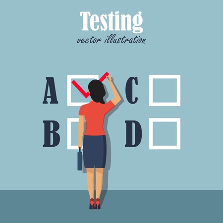 Businesswoman is testing. Filling, writing tests. Exam time. Form of question template with option for answer. Vector illustration in flat design.のイラスト素材