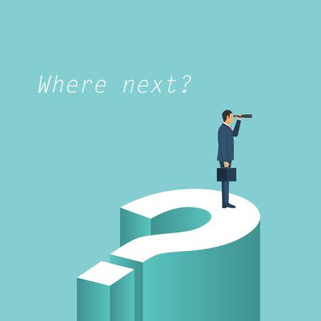 Businessman visonary with monocular in his hand standing on giant question mark. Symbol of business vision, challenge, objective, opportunity. Vector illustration in flat design.のイラスト素材