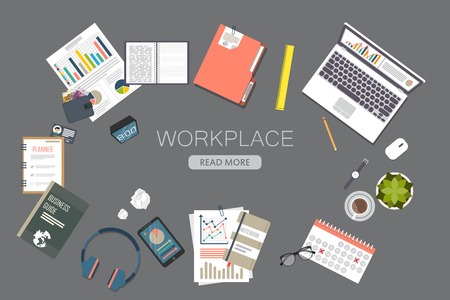 Top view of modern office workplace, office supplies, documents, laptop, pen, paper, coffee , glasses, phone, haedphones, notebook , folder,planner, clock. Flat vector illustration.のイラスト素材