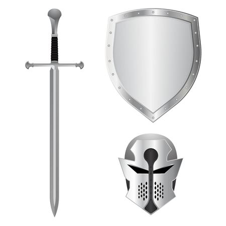 Sword, helmet and shield set. Vector illustration isolated on white backgroundのイラスト素材