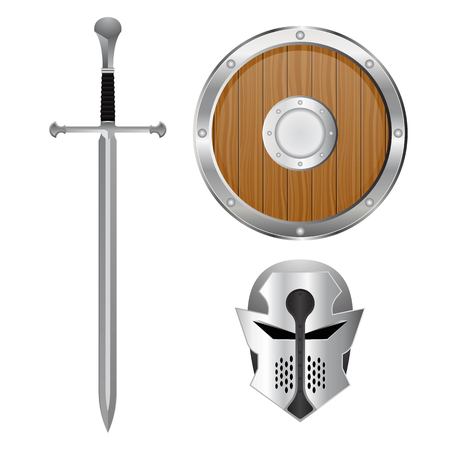 Sword, helmet and shield set. Vector illustration isolated on white backgroundのイラスト素材