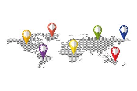 Dots world map with pins vector illustration isolated. Dots that indicate location on mapのイラスト素材