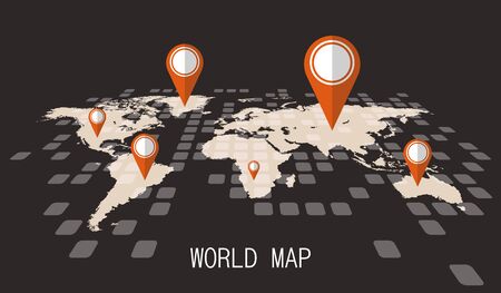 Dots world map with pins vector illustration isolated. Dots that indicate location on mapのイラスト素材