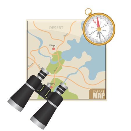 Safari map, binoculars and magnetic compass vector illustration isolated on white backgroundのイラスト素材
