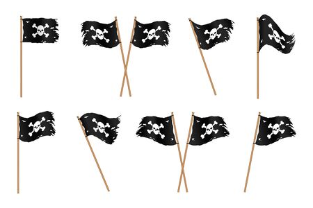 Set of ragged black pirates flags with bones and skullのイラスト素材