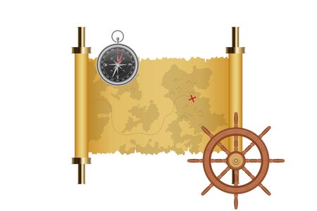 Treasure map, ship wheel and magnetic compass vector illustrationのイラスト素材