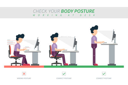 Ergonomic posture of sitting at desk flat vector illustrationのイラスト素材