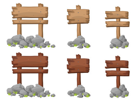 Set of wooden sign board with rocks and boulders in cartoon styleのイラスト素材